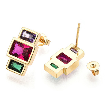 Cubic Zirconia Rectangle Dangle Stud Earrings, Real 18K Gold Plated Brass Jewelry for Women, Nickel Free, Colorful, 14.5x8.5mm, Pin: 0.8mm