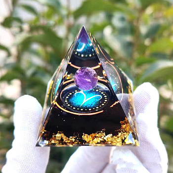 Orgonite Pyramid Resin Energy Generators, Reiki Natural Amethyst Inside for Home Office Desk Decoration, Aries, 60x60x60mm