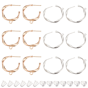 12Pcs 2 Color Brass Stud Earring Findings, Half Hoop Earring Findings, with Horizontal Loops, Twisted, with 30Pcs Plastic Ear Nuts, Platinum & Golden, 24.5x22.5x3mm, Hole: 2mm, Pin: 0.8mm