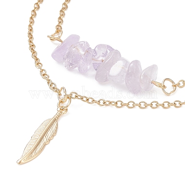 Natural Amethyst Chips Beaded & Feather Charms Double Layer Multi-strand Bracelet(AJEW-AN00511-04)-2