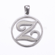 304 Stainless Steel Pendants, Flat Round with Letter, Stainless Steel Color, Letter.Z, 28x25x1.2mm, Hole: 6x3.5mm(STAS-K162-079P)