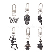 Alloy Pendant Decorations, with Alloy Swivel Clasps, for Keychain, Purse, Backpack, Skull & Butterfly & Rose & Skeleton, Mixed Shapes, 52~85mm, 6pcs/set(HJEW-JM00879)