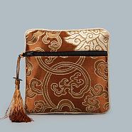 Chinese Style Square Cloth Zipper Pouches, with Random Color Tassels and Auspicious Clouds Pattern, Saddle Brown, 12~13x12~13cm(CON-PW0001-090R)