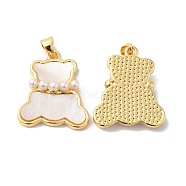 Rack Plating Brass Pendants, with Natural Shell & Plastic Pearls, Long-Lasting Plated, Cadmium Free & Lead Free, Bear Charm, Real 18K Gold Plated, 23x19x10mm, Hole: 5x3.5mm(KK-R144-02G)