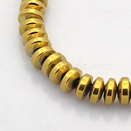 Electroplate Non-magnetic Synthetic Hematite Rondelle Beads Strands, Golden Plated, 6x3mm, Hole: 1mm, about 140pcs/strand, 15.7 inch(G-J216B-06)