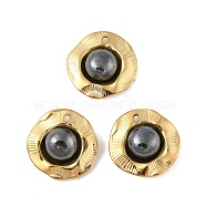 Dyed Natural Shell Pearl Pendants, 304 Stainless Steel Flat Round Charms, PVD Vacuum Plating, Dark Gray, Real 18K Gold Plated, 17x7.5mm, Hole: 1.2mm(STAS-P380-13G)