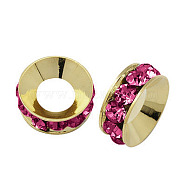 Brass Rhinestone Spacer Beads, Grade A, Rondelle, Light Gold Metal Color, Fuchsia, 9x4mm, Hole: 4mm(RB-A020-9mm-24LG)