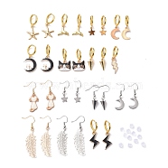 Brass Dangle Earrings & Huggie Hoop Earrings Sets, with Alloy Enamel & 304 Stainless Steel & Acrylic Pendants, Starfish & Moon & Lightning & Cone & Cat Shape & Whale Tail & Star & Leaf, Golden, 25~50mm, Pin: 0.7~0.8mm, 15pairs/set(EJEW-PH01365)
