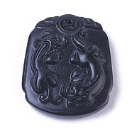 Natural Black Obsidian Pendants, Carving Kylin, Square, 46x36.5x10mm, Hole: 1.2mm(G-K298-08)