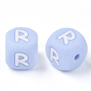 Food Grade Eco-Friendly Silicone Beads, Horizontal Hole, Chewing Beads For Teethers, DIY Nursing Necklaces Making, Letter Style, Cube, Light Sky Blue, Letter.R, 10x10x10mm, Hole: 2mm(SIL-R011-10mm-02R)