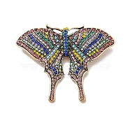 Colorful Rhinestone Butterfly Lapel Pin, Alloy Brooch for Women, Antique Golden, 54x68x3mm, Pin: 0.9mm(JEWB-P014-04AG)