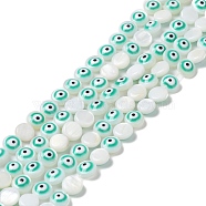 Natural Freshwater Shell Enamel Beads Strands, Flat Round with Evil Eye, Turquoise, 6x3mm, Hole: 0.5mm, about 62~65pcs/strand, 14.37''~14.96''(36.5~38cm)(BSHE-P033-04C)