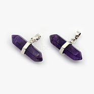 Natural Amethyst Double Terminated Pointed Pendants, with Platinum Plated Brass Findings, Bullet, 15.5x30~35x8~9mm, Hole: 5x7.5mm(G-F177-21)