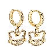 Tiger Chinese Zodiac Cubic Zirconia Dangle Huggie Hoop Earrings, Real 18K Gold Plated Brass Drop Earrings for Women, Lead Free & Cadmium Free, Clear, 25.5x14mm, Pin: 0.6mm(EJEW-E167-12G)