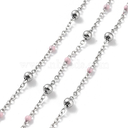 304 Stainless Steel Cable Chain, with Enamel, Soldered, Pink, Beads: 3.5~3.6x3.5mm, Link: 5x2x2mm and 2x1.5x0.3mm(CHS-F019-01P-07)