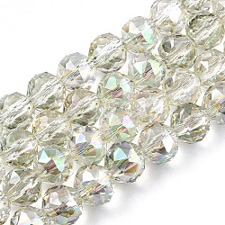 Electroplate Transparent Glass Beads Strands, Faceted, Round, Light Green, 8x7.5mm, Hole: 1mm, about 70pcs/strand, bout 70~72pcs/strand, 20.67 inch~21.26 inch(52.5~54cm)(EGLA-N002-34C-C09)