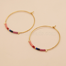 Glass Seed Beaded Hoop Earrings, Boho Beach Earrings, Indian Red, 30x30mm(XS8443-7)