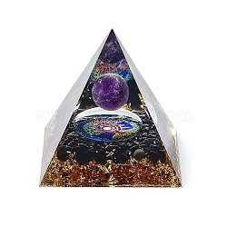 Orgonite Pyramid Resin Energy Generators, Reiki Natural Amethyst & Obsidian Chips Inside for Home Office Desk Decoration, 59.5x59.5x59.5mm(DJEW-D013-01C)