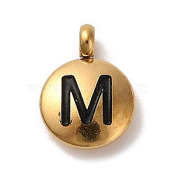 304 Stainless Steel Black Enamel Charms, Golden, Flat Round with Letter Charm, Letter M, 11x8x2.5mm, Hole: 1.8mm(STAS-R009-01G-M)