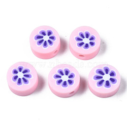 Handmade Polymer Clay Beads, for DIY Jewelry Crafts Supplies, Flat Round with Flower, Pink, 9.5~10x4.5mm, Hole: 1.8mm(CLAY-N008-039J)