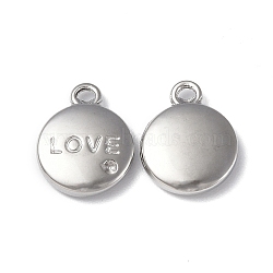 304 Stainless Steel Pendant Rhinestone Settings, Flat Round with Word LOVE Charm, Stainless Steel Color, Fit: 1mm Rhinestone, 13x10.5x3mm, Hole: 1.2mm(STAS-C066-29P)