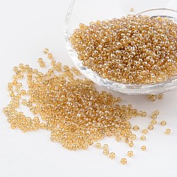 Round Glass Seed Beads, Trans. Colours Lustered, Pale Goldenrod, Size: about 2mm in diameter, hole: 1mm, about 3306pcs/50g(X-SEED-A006-2mm-102)