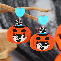 Funny Heart with Pumpkin Acrylic Fashion Stud Earrings, Halloween Style Personality Earrings, Blue, Ghost, 53x38mm(BY9721-3)