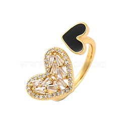 Brass Micro Pave Clear Cubic Zirconia Open Cuff Rings, Heart Enamel Ring for Women, Lead Free & Cadmium Free, Real 18K Gold Plated, Black, Inner Diameter: 17.2mm(RJEW-U009-04E-G)