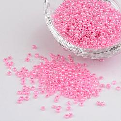 12/0 Ceylon Round Glass Seed Beads, Pink, Size: about 2mm in diameter, hole:1mm, about 3303pcs/50g(X-SEED-A011-2mm-145)
