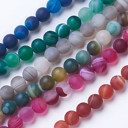 Natural Grade A Striped Agate/Banded Agate Beads Strands, Dyed & Heated, Frosted, Round, Mixed Color, 6mm, Hole: 1mm, about 62pcs/strand, 14.9 inch(38cm)(G-E478-6mm)