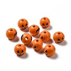 Halloween Theme Printed Natural Wooden Beads, Round with Pumpkin Pattern, Orange, 16x14.5mm, Hole: 3.5mm(X-WOOD-L020-C04)