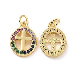 Brass Micro Pave Colorful Cubic Zirconia Pendants, with Jump Ring, Oval with Cross Charms, Real 18K Gold Plated, 16.5x12x2.5mm, Hole: 3.2mm(KK-E068-VF128)