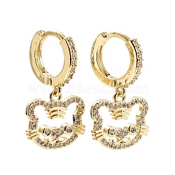 Tiger Chinese Zodiac Cubic Zirconia Dangle Huggie Hoop Earrings, Real 18K Gold Plated Brass Drop Earrings for Women, Lead Free & Cadmium Free, Clear, 25.5x14mm, Pin: 0.6mm(EJEW-E167-12G)