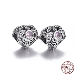925 Sterling Silver European Beads, Large Hole Beads, with Cubic Zirconia, with 925 Stamp, Heart, Thailand Sterling Silver Plated, 11.5x11x8.5mm, Hole: 4.5mm(OPDL-L017-025TAS)