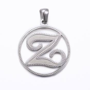304 Stainless Steel Pendants, Flat Round with Letter, Stainless Steel Color, Letter.Z, 28x25x1.2mm, Hole: 6x3.5mm