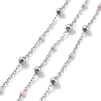 304 Stainless Steel Cable Chain, with Enamel, Soldered, Pink, Beads: 3.5~3.6x3.5mm, Link: 5x2x2mm and 2x1.5x0.3mm