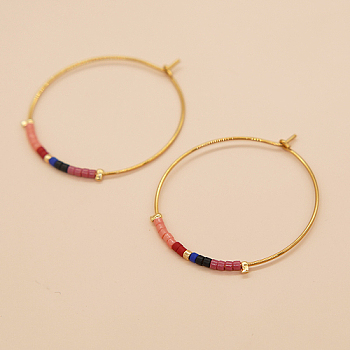 Glass Seed Beaded Hoop Earrings, Boho Beach Earrings, Indian Red, 30x30mm