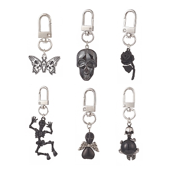 Alloy Pendant Decorations, with Alloy Swivel Clasps, for Keychain, Purse, Backpack, Skull & Butterfly & Rose & Skeleton, Mixed Shapes, 52~85mm, 6pcs/set