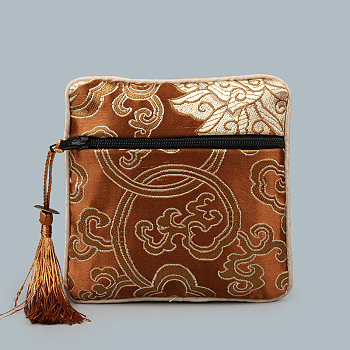 Chinese Style Square Cloth Zipper Pouches, with Random Color Tassels and Auspicious Clouds Pattern, Saddle Brown, 12~13x12~13cm