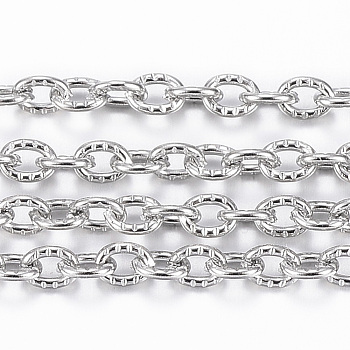 304 Stainless Steel Textured Cable Chains, with Spool, Unwelded, Oval, Stainless Steel Color, 3x2.4x0.6mm, about 65.61 Feet(20m)/roll