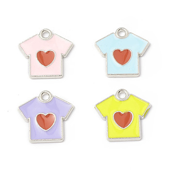 Alloy Enamel Pendants, T-shirt with Heart Pattern, Platinum, Mixed Color, 16x16x1.2mm, Hole: 1.7mm