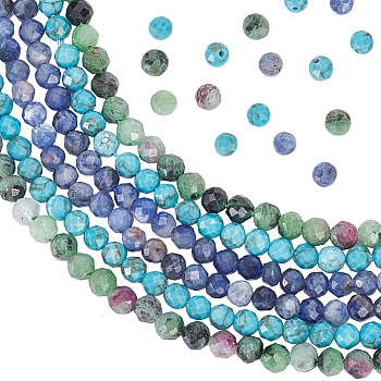 3 Strands 3 Style Mixed Gemstone Beads Strands, Natural Sodalite & Ruby in Zoisite, Synthetic Turquoise, Faceted Round, 3mm, Hole: 0.6mm, about 139pcs/strand, 14.96 inch(38cm), 1 strand/style