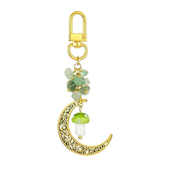 Hollow Moon Alloy Pendant Decoraiton, with Gemstone Chip Beads and Mushroom Handmade Lampwork Beads, Alloy Swivel Clasps, 95mm