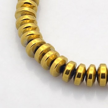 Electroplate Non-magnetic Synthetic Hematite Rondelle Beads Strands, Golden Plated, 6x3mm, Hole: 1mm, about 140pcs/strand, 15.7 inch