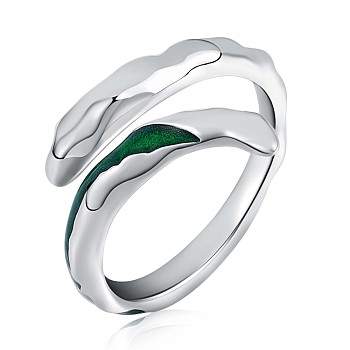 Rhodium Plated 925 Sterling Silver Vintage Open Cuff Ring with Green Enamel for Women, Platinum, US Size 5 1/4(15.9mm)