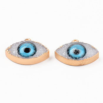 Druzy Resin Pendants, with Edge Light Gold Plated Iron Loops, Evil Eye, White, 17x23x7.5mm, Hole: 2mm