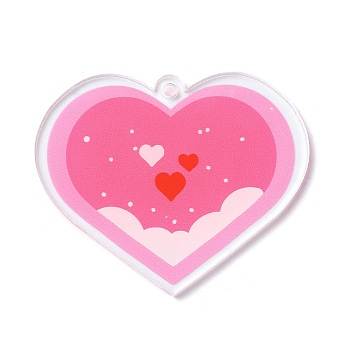 Valentine's Day Transparent Acrylic Pendant, Heart Charm, Hot Pink, 40.5x49.5x2mm, Hole: 3mm