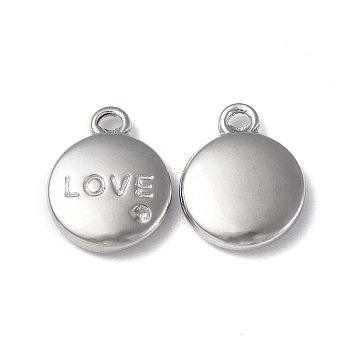 304 Stainless Steel Pendant Rhinestone Settings, Flat Round with Word LOVE Charm, Stainless Steel Color, Fit: 1mm Rhinestone, 13x10.5x3mm, Hole: 1.2mm