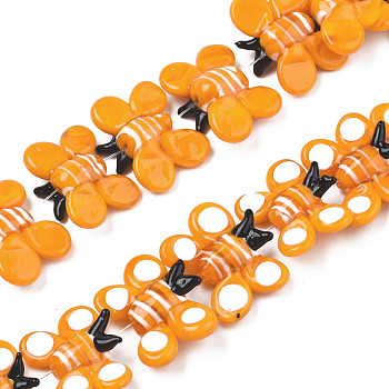 Handmade Lampwork Beads Strands, Butterfly, Orange, 17~20x23.5~26.5x7.5~8.5mm, Hole: 1mm, about 35pcs/strand.