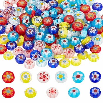 180Pcs 6 Colors Handmade Millefiori Glass Flat Round Bead Strands, Single Flower Design, Mixed Color, 8x4mm, Hole: 1mm, 30pcs/color